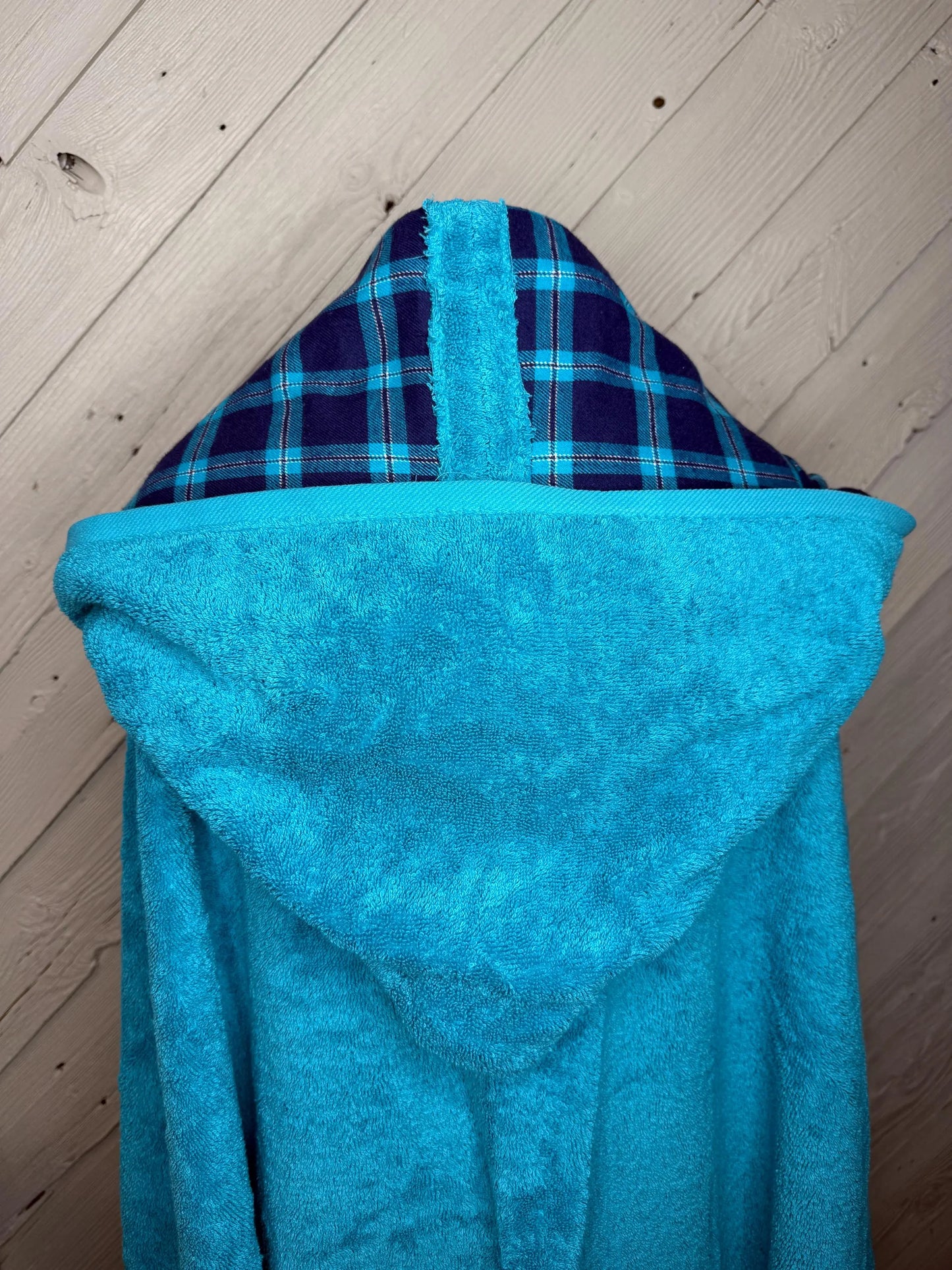 Turquoise Adult Hooded Bath Towel with Blue Plaid Flannel Lining on Hood