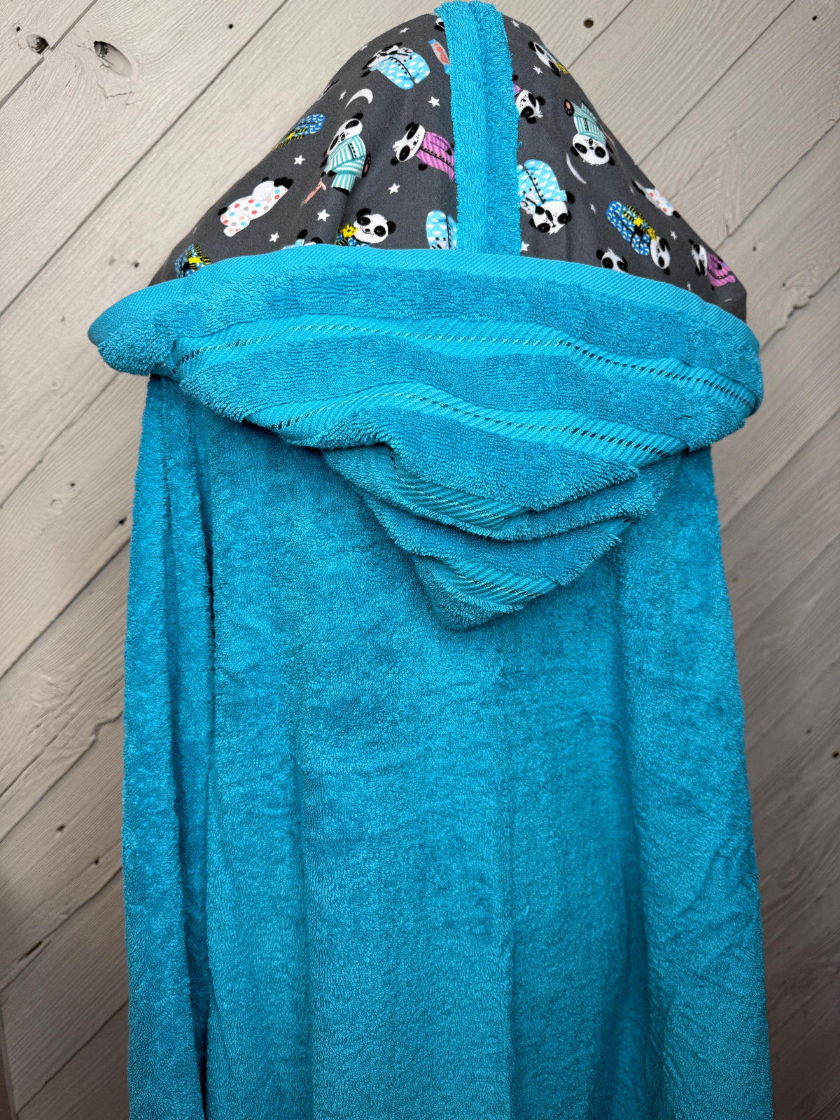 Adult hooded bath towel with optional panda in pajamas flannel, personalized adult hooded beach towel, adult hooded poncho towel