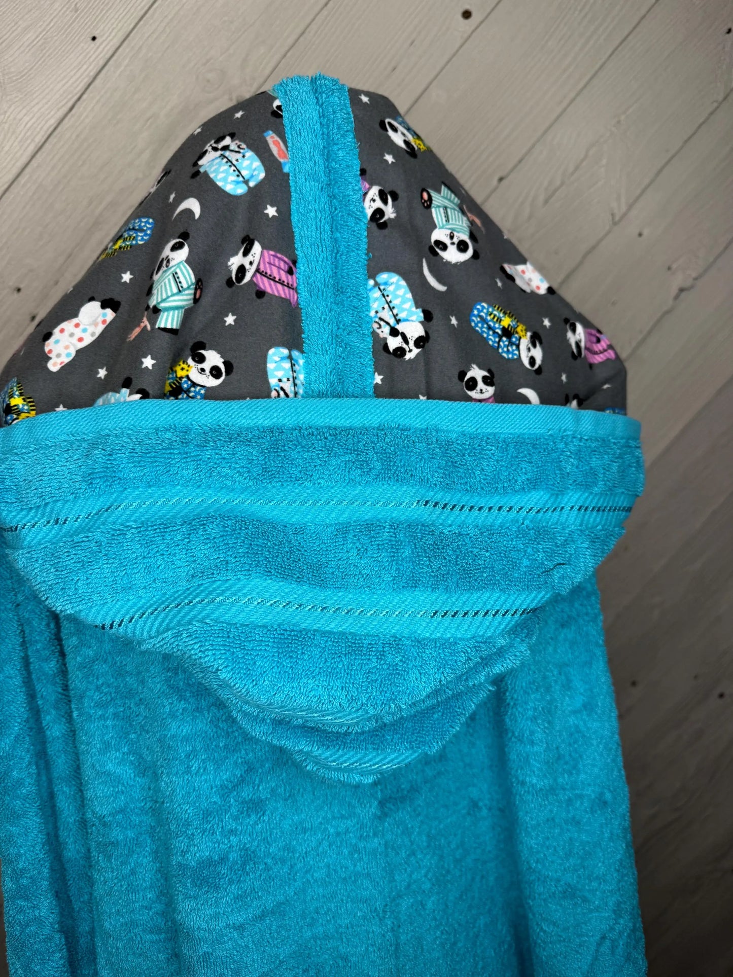 Turquoise Adult Hooded Bath Towel Panda in Pajamas Print Flannel Hood Lining