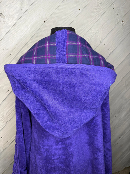 Purple Adult Hooded Bath Towel with Purple Plaid Flannel Lining on Hood
