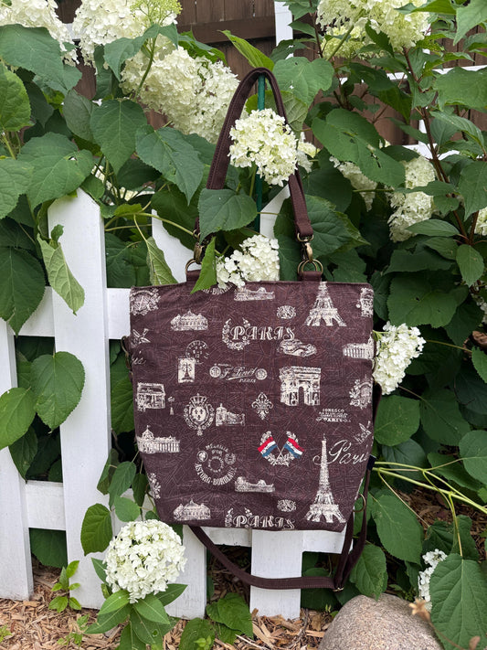 Brown Paris print convertible woman's purse, handmade bag, ladies shoulder bag, large purse, women shoulder purse