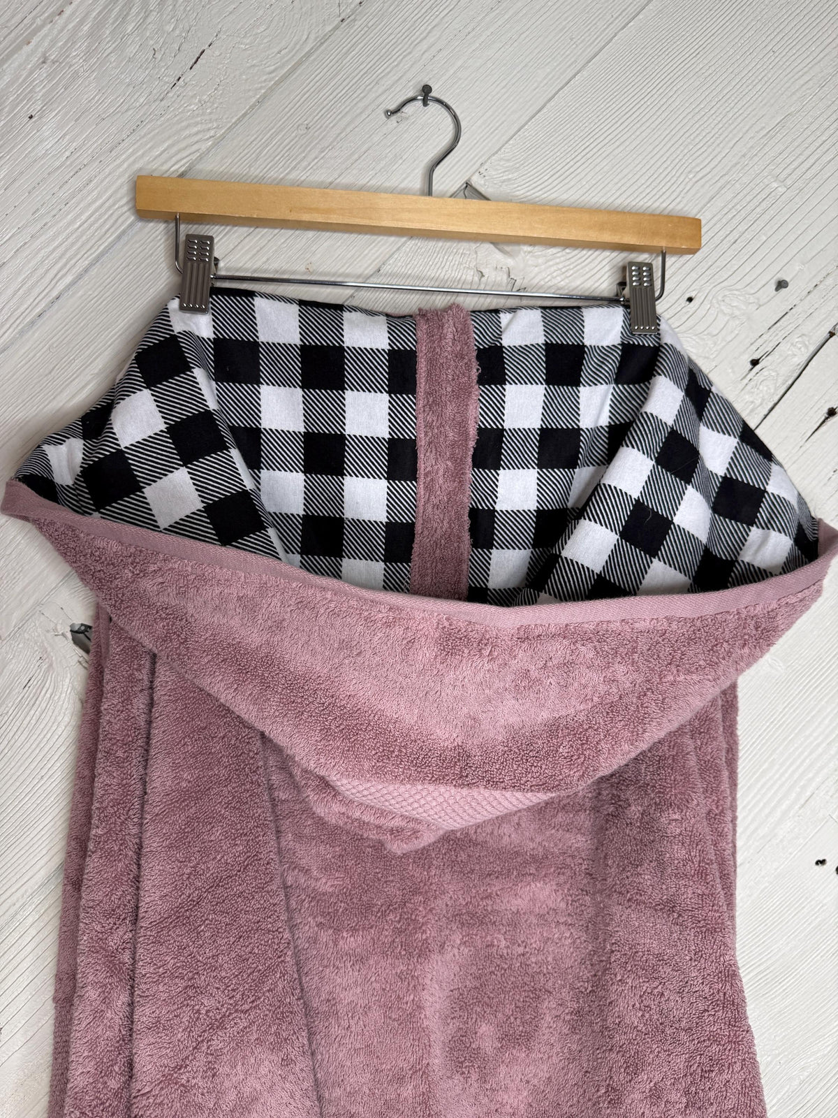 Adult hooded bath towel with optional black and white plaid flannel, personalized adult hooded beach towel, adult hooded poncho towel