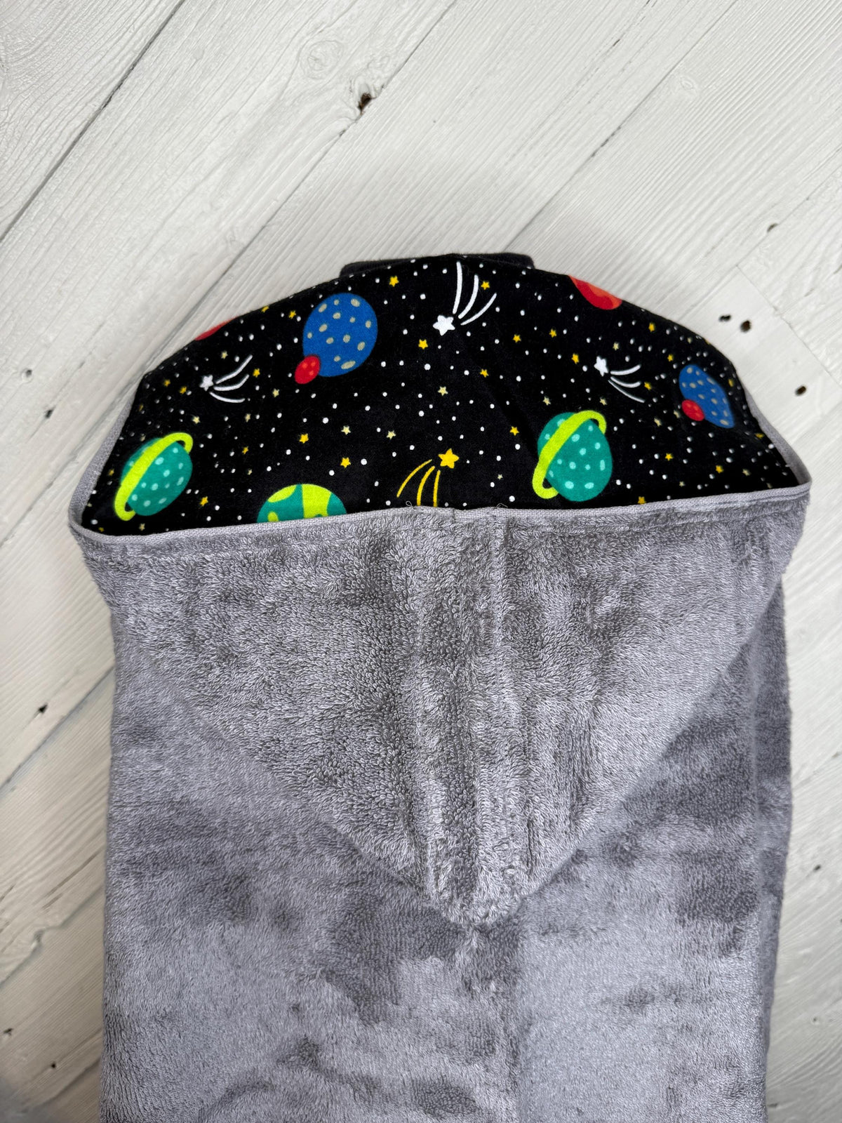 Hooded towel or poncho towel with planets and space flannel, personalized beach towel, boy bath towel, kids pool wrap, toddler beach