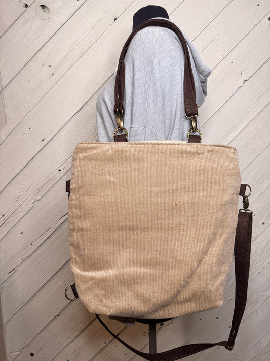 Tan corduroy  convertible woman's purse, handmade bag, ladies shoulder bag, large purse, women shoulder purse