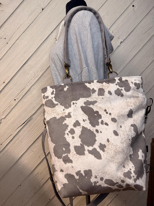 Gray cow print convertible woman's purse, handmade bag, ladies shoulder bag, large purse, women's handmade handbag, women shoulder purse